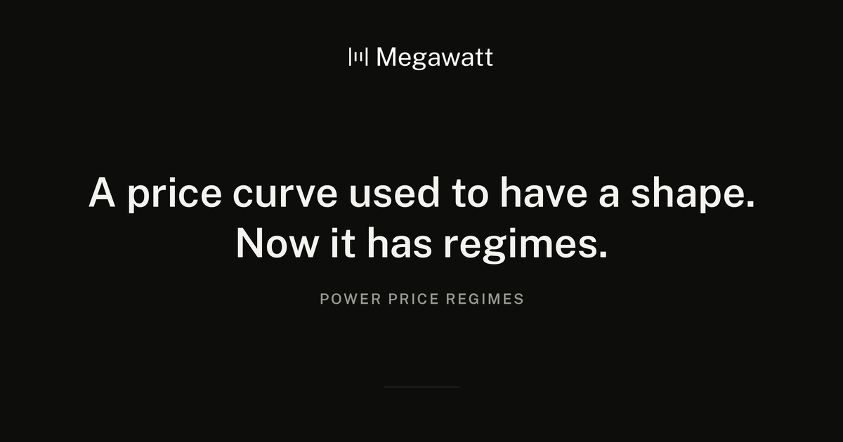 Megawatt article card reading A price curve used to have a shape. Now it has regimes, above the title Power Price Regimes.